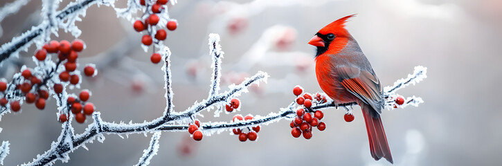 Wall Mural - Red cardinal bird on a frosty tree branch with snow red berries in winter, Holiday and Christmas web banner with copy space