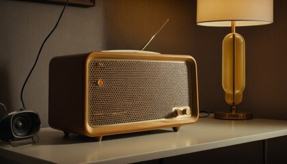 A stylish vintage wooden radio with a mesh front sits on a modern desk, illuminated by a warm-toned lamp, blending retro charm with contemporary design in a cozy indoor setting.. AI Generation