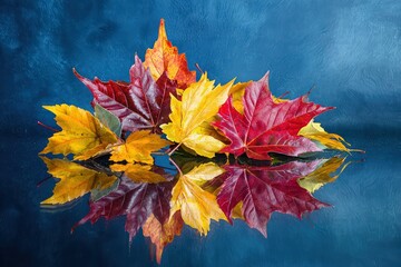 Wall Mural - A display of vibrant fall leaves set on a reflective indigo surface.