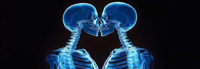 Sticker - A light blue neon x-ray of two skeletons in love, AI generated