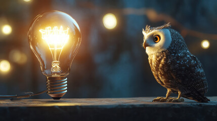 A small owl sits next to a glowing light bulb in a dark, enchanting setting with fairy lights. A cozy and magical scene.