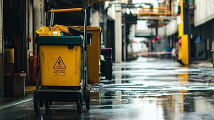 A cleaning cart with a yellow sign on it. The sign warns that the cart is not for use by children . generative ai