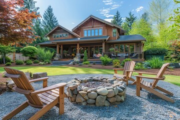 Suburban backyard with firepit and seating area on gravel ground, surrounded by landscaping stones in Washington state, springtime.