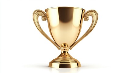 first place gold trophy cup, standing proudly on a clean white background, with bright reflections.