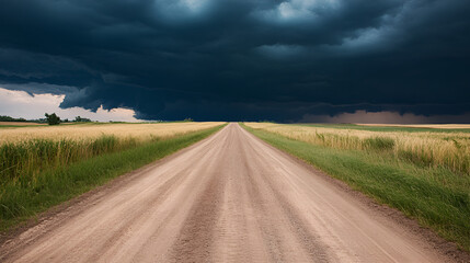 Sticker - Dramatic Storm Clouds Over Rural Country Road, Wheat Field, Summer, Nature, Landscape Photography