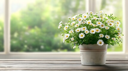 Bright and cheerful pot of daisies on a wooden table beside a sunlit window, perfect for adding a touch of nature to any space.