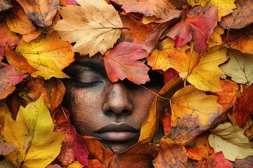 Wall Mural - A creative portrait of a person whose face is obscured by a leaf, set against a vibrant background of autumn leaves, blending human and nature elements.