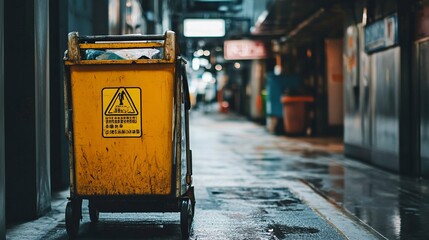 A cleaning cart with a yellow sign on it. The sign warns that the cart is not for use by children . generative ai