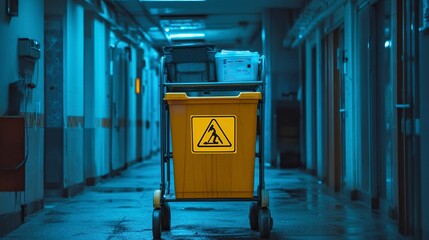 A cleaning cart with a yellow sign on it. The sign warns that the cart is not for use by children . generative ai