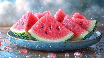 Wall Mural - Slices of watermelon on a blue plate with water droplets on a wooden table.