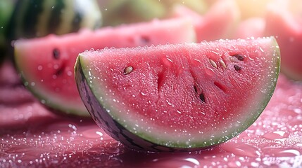 Wall Mural - Close up of juicy red watermelon slices with water droplets on a pink background.