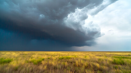 Poster - Dramatic Storm Clouds Over Grassy Field - Nature Photography, Landscape, Weather, Sky, Outdoors