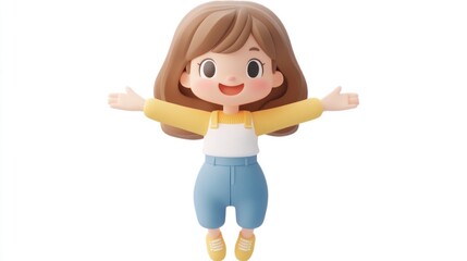 Poster - A cheerful animated girl with brown hair, wearing a yellow top and blue overalls, arms outstretched.