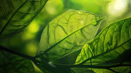 Sticker - Backlit fresh green leaf texture background.