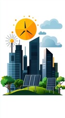 Wall Mural - Sustainable cityscape with solar panels and gardens, green urban living, flat design illustration