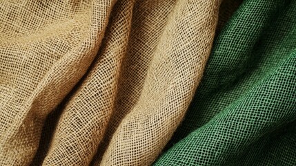 Detailed closeup view of natural brown and green burlap fabric forming wavy folds, ideal for backgrounds with a rustic or sustainable feel