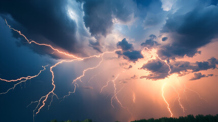 Poster - Dramatic Lightning Strike During Sunset with Dramatic Cloudscape