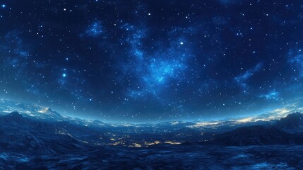 Wall Mural - Map of a starry night sky in 360, with soft blue tones, stars in the upper left corner, and a calm, detailed environment with soft lighting