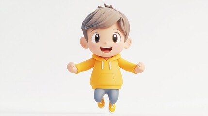 Canvas Print - A cheerful cartoon boy in a yellow hoodie, jumping with excitement against a simple background.