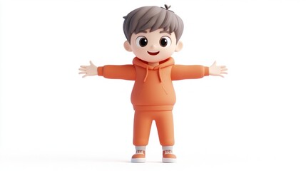 Poster - A cheerful cartoon boy in an orange hoodie and pants, spreading joy with open arms.