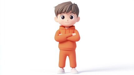 Canvas Print - A cheerful cartoon boy in an orange tracksuit, standing confidently with arms crossed.