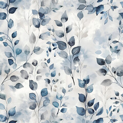 Wall Mural - pattern of delicate watercolor eucalyptus leaves in shades of blue and grey, elegant pattern on a white background, creating calming and stylish home decor or some nature inspired charm