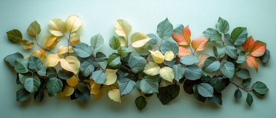 Wall Mural - Green, Yellow, and Orange Leaves on a Light Blue Background