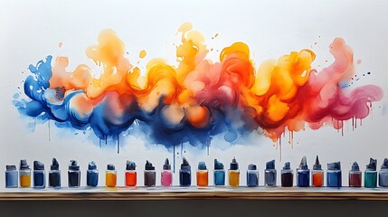 Wall Mural - Abstract painting of colorful clouds and bottles of paint.