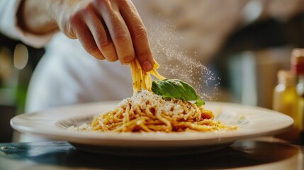 A chef garnishing a plate of pasta with fresh basil and grated cheese, presenting a beautifully plated dish ready for serving