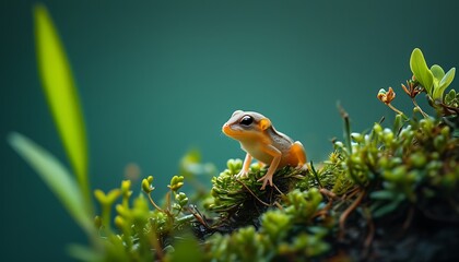 Against a deep green background, a small creature inhabits quietly, surrounded by natural layout and full of vitality.