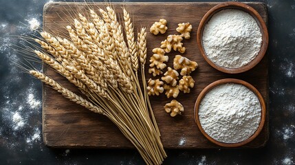 Wheat stalks, walnut halves and white flour in bowls on a wooden cutting board.