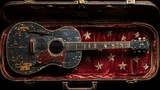 Worn acoustic guitar resting in a vintage case with a red velvet interior.