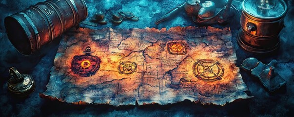 Pirate's treasure map, cursed symbols, glowing in the dark, Watercolor style