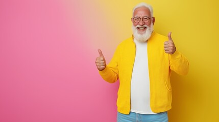 A man in a yellow jacket is giving a thumbs up. The image has a bright and cheerful mood