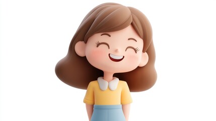 Wall Mural - A cheerful cartoon girl with brown hair, wearing a yellow shirt and blue skirt, smiling happily.