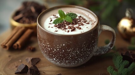 Wall Mural - A mug of hot chocolate with a green leaf on top