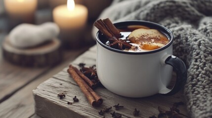 A mug of hot chocolate with cinnamon and apple slices on a wooden table