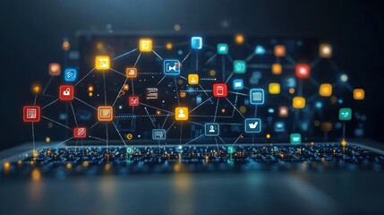 Digital interface with icons representing technology and connectivity.