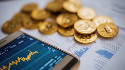 A detailed shot of a gold price graph displayed on a smartphone, with financial news articles and gold coins in the background.