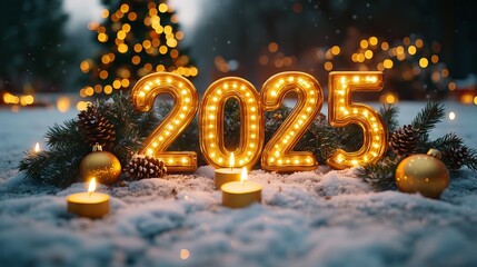 Luminous 2025 sign celebrating new year with candles and christmas tree in background