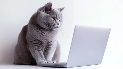 An interior design with a russian blue cat sitting on a desk of a notebook on a gray background