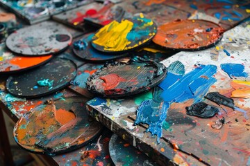 Sticker - Colorful artistic mess is covering palettes and table in art studio after artist finishing work