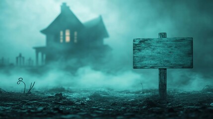 In front of a haunted house with glowing windows and bats flying about is a spooky wooden sign partially covered in cobwebs The sign is blank, and it sits in front of a spooky wooden sign partially