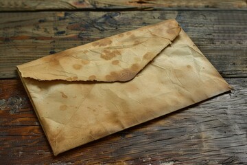 Old, stained envelope sealed with wax resting on a wooden table evokes a sense of history and mystery