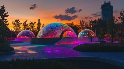 A vibrant sunset over a public park featuring a concrete dome, illuminated by colorful LEDs and dynamic video projections