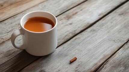 Wall Mural - A white coffee cup with a cinnamon stick in it sits on a wooden table