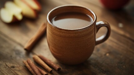 A cup of coffee with cinnamon sticks on a wooden table