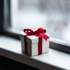 Canvas Print - Simple and elegant design, white and red color scheme, decorated with a large red ribbon on a snowy windowsill