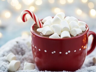 Canvas Print - In a festive cup of hot chocolate with marshmallows and cinnamon sticks, a candy cane rests on the side, cozy and inviting in a warm and light red and white palette