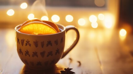 A mug of tea with a slice of orange on top